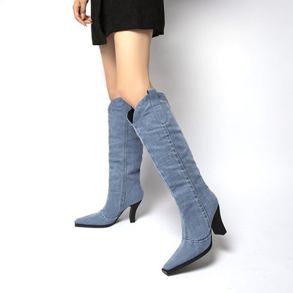 Denim Cowboy Pointed Toe Boots