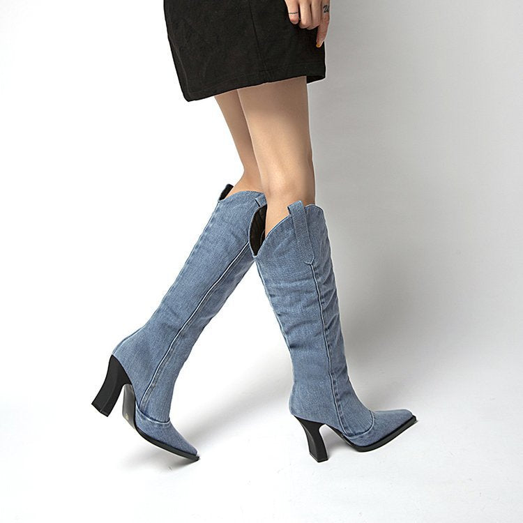 Denim Cowboy Pointed Toe Boots