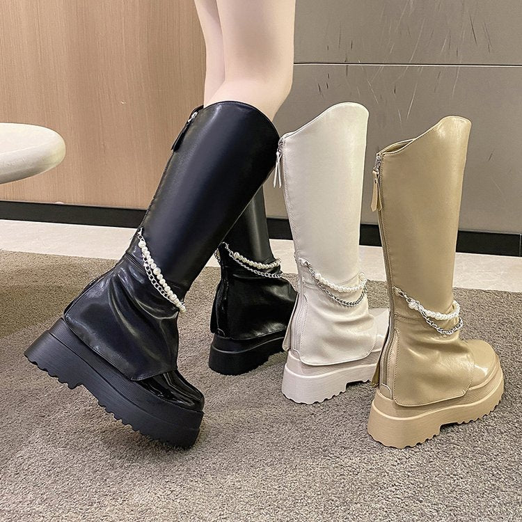 Pearl Chain PU Boots