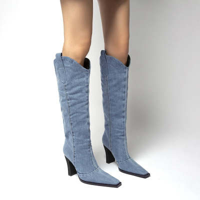 Denim Cowboy Pointed Toe Boots