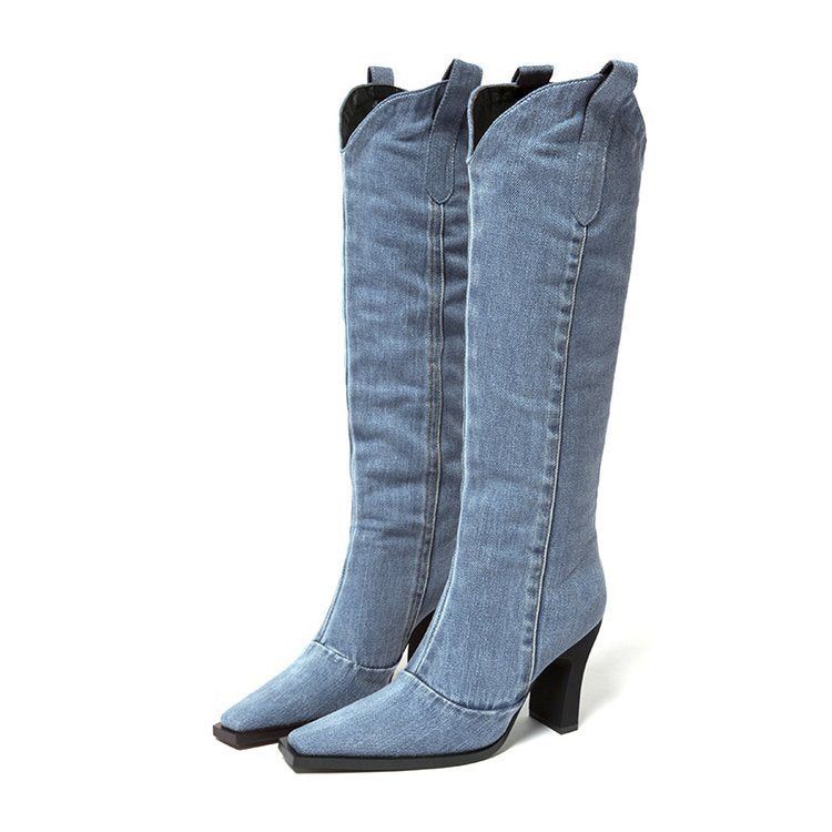 Denim Cowboy Pointed Toe Boots